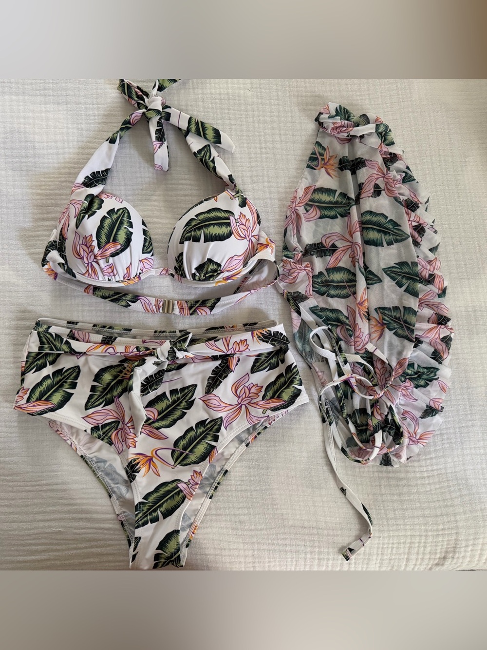 White Tropical Leaf & Floral Bikini Set with Cover-Up